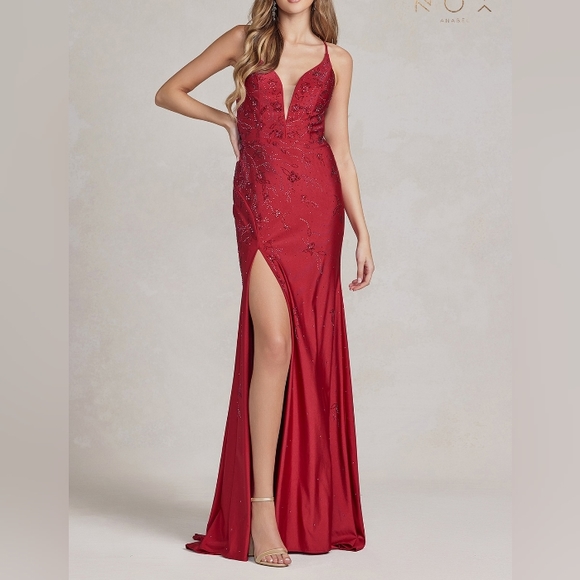 Emerald, navy,burgundy fitted long beaded lace up back dress - Picture 9 of 11